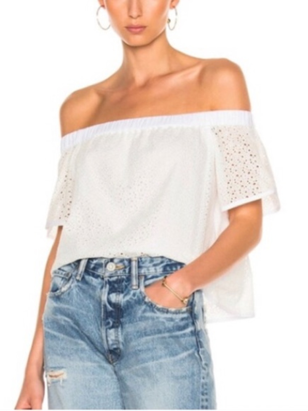 rag & bone Flavia White Off-Shoulder Eyelet Lace Top, Size M